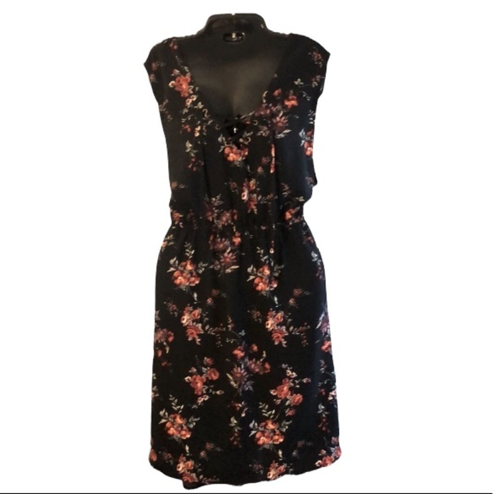 Floral Tie-Front Black Midi Dress